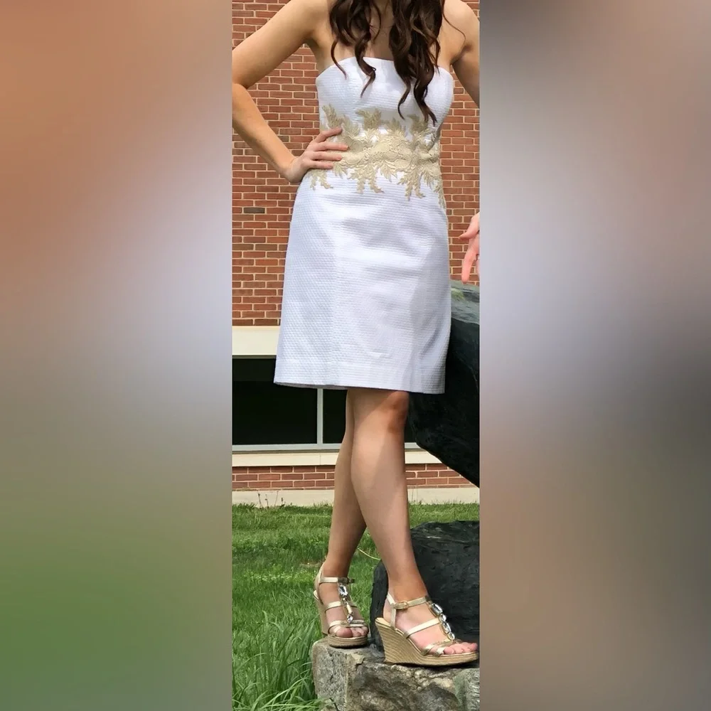 Lilly Pulitzer Strapless Textured White Dress with Gold Embroidery - Picture 4 of 9